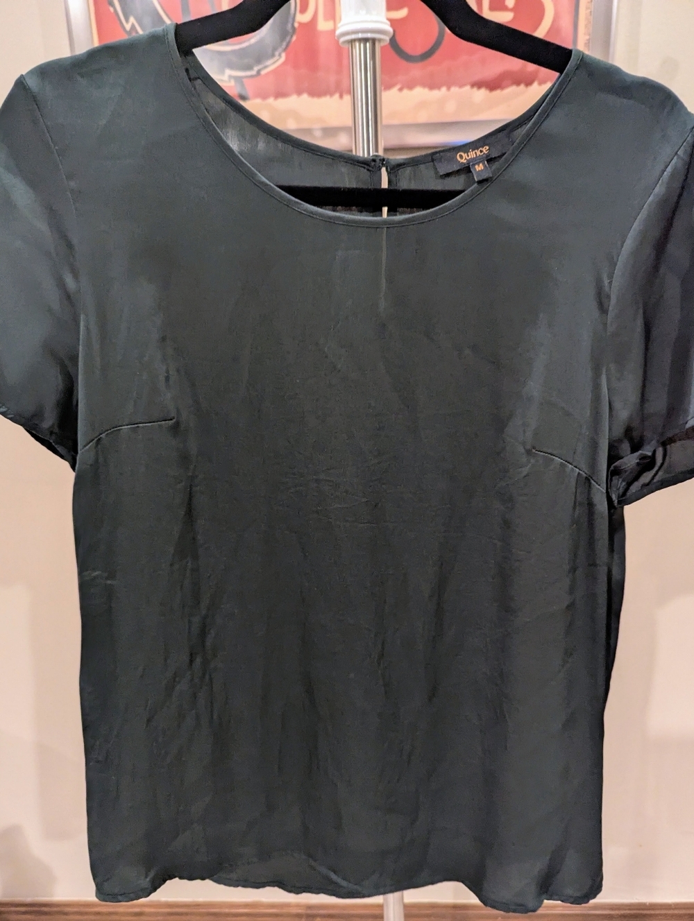 Quince Women's Short Sleeve Silk Blouse in Olive Green $26 Size M. Washable!
